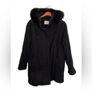 Vintage Black Parka Coat with Real Fox Fur Trim Hood Winter Warm Jacket SZ M